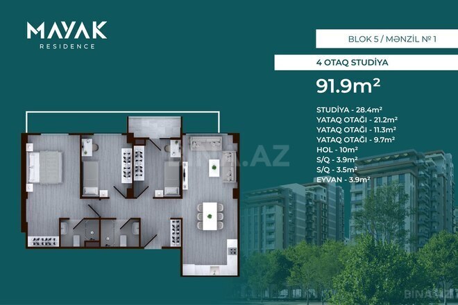 Mayak Residence yaşayış kompleksi, mənzilin planı - 4-otaqlı, 91.9 m²
