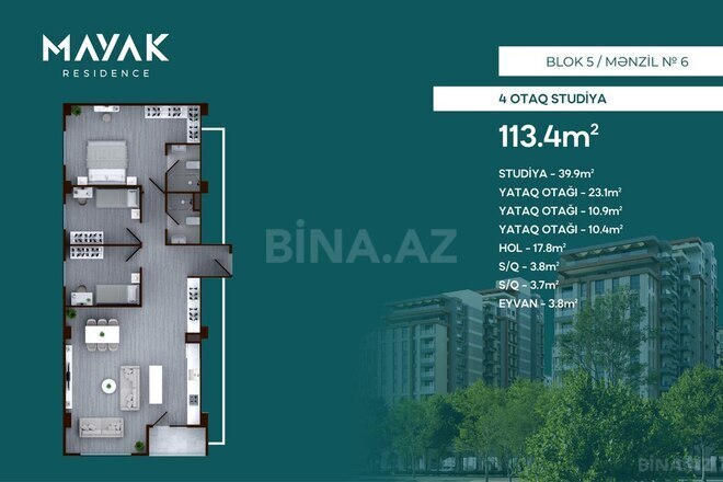 Mayak Residence yaşayış kompleksi, mənzilin planı - 4-otaqlı, 113.4 m²