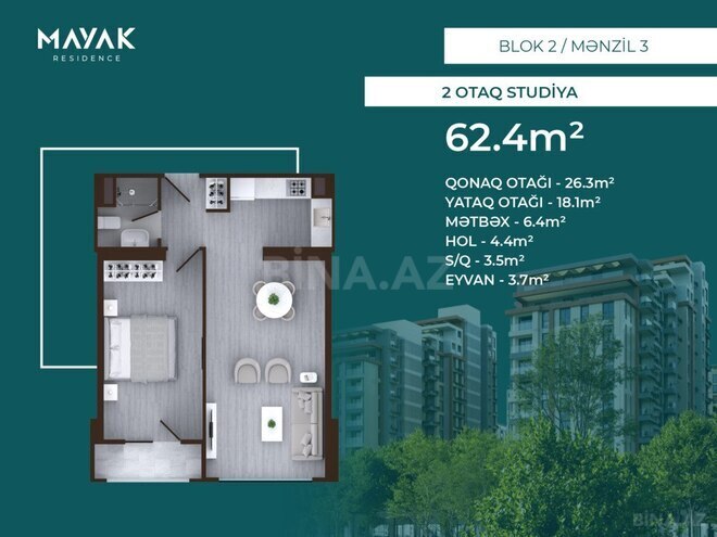 Satılır 2 otaqlı yeni tikili 62.4 m², Zığ q., photo 3 from 32