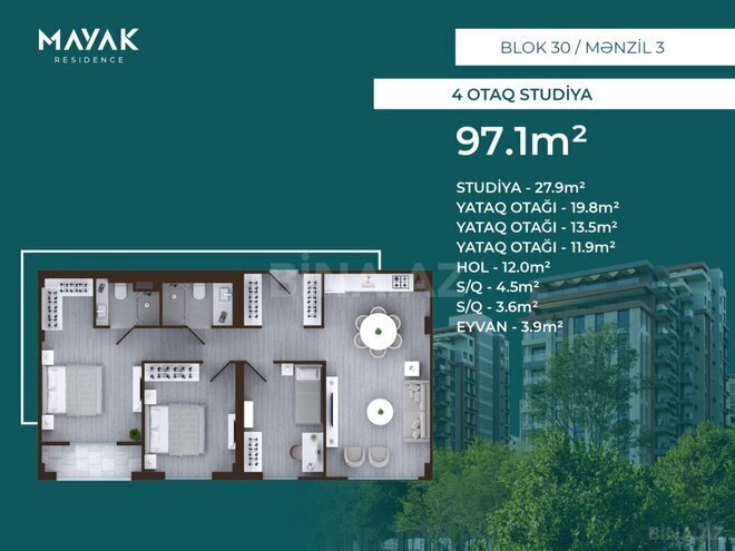 Mayak Residence yaşayış kompleksi, mənzilin planı - 4-otaqlı, 97.1 m²