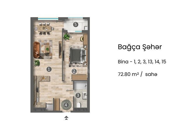 Bağça Şəhər yaşayış kompleksi, mənzilin planı - 2-otaqlı, 72.8 m²