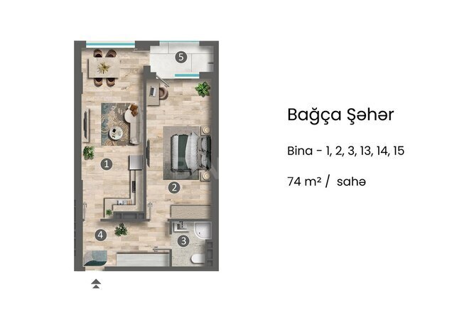 Bağça Şəhər yaşayış kompleksi, mənzilin planı - 2-otaqlı, 74 m²