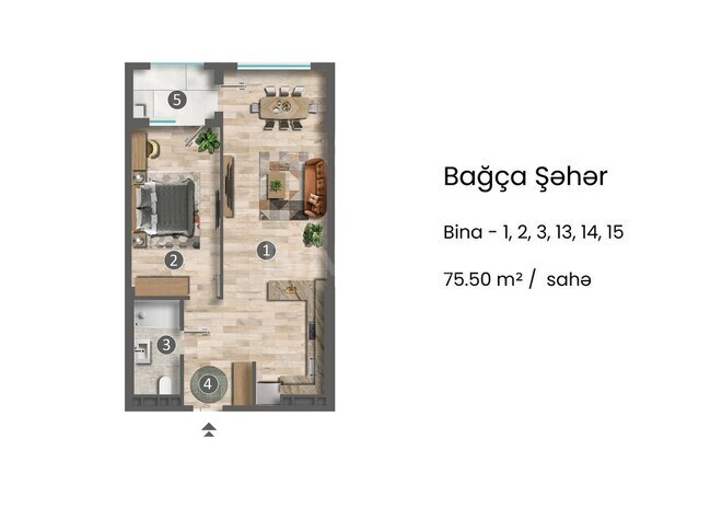 Bağça Şəhər yaşayış kompleksi, mənzilin planı - 2-otaqlı, 75.5 m²