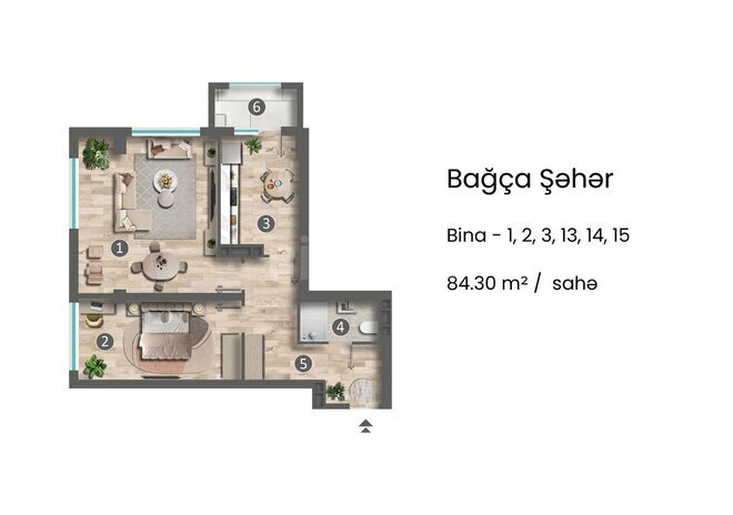 Bağça Şəhər yaşayış kompleksi, mənzilin planı - 2-otaqlı, 84.3 m²