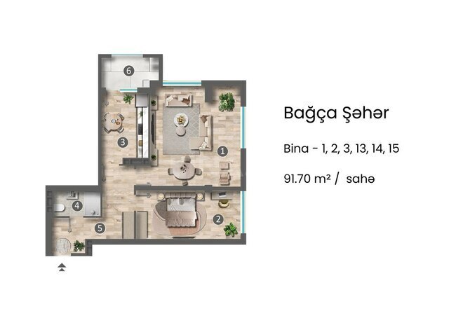 Bağça Şəhər yaşayış kompleksi, mənzilin planı - 2-otaqlı, 91.7 m²