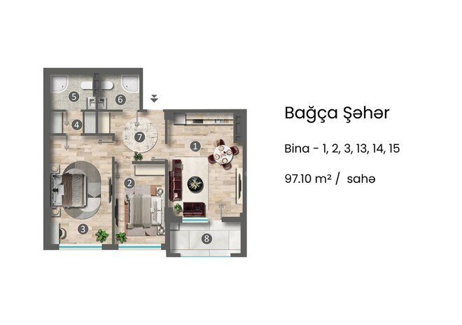 Bağça Şəhər yaşayış kompleksi, mənzilin planı - 3-otaqlı, 97.1 m²