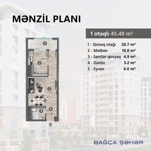 Satılır 1 otaqlı yeni tikili 45.4 m², photo 5 from 6