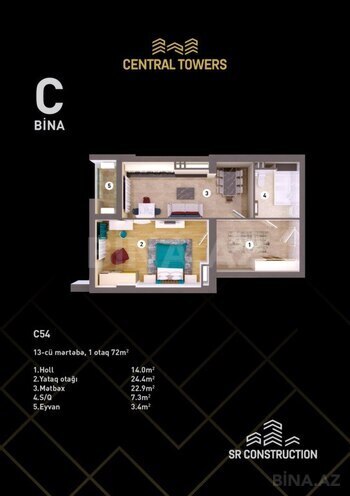 Central Towers yaşayış kompleksi, mənzilin planı - 1-otaqlı, 72 m²