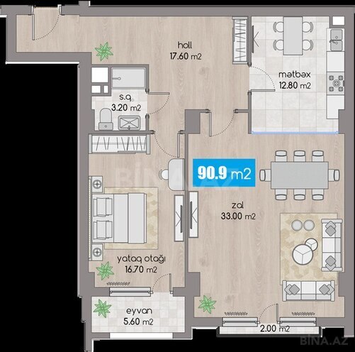 Жилой комплекс 28 Residence, планировка - 2-комн., 90.9 м²