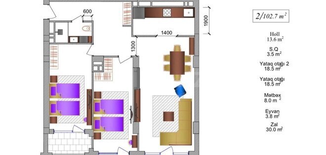 Koroğlu Residence yaşayış kompleksi, mənzilin planı - 3-otaqlı, 102.7 m²