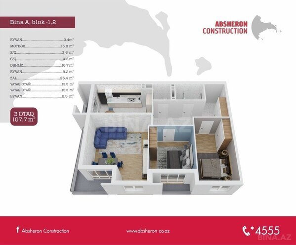 3 otaqlı yeni tikili - Azadlıq Prospekti m. - 107.7 m² (7)