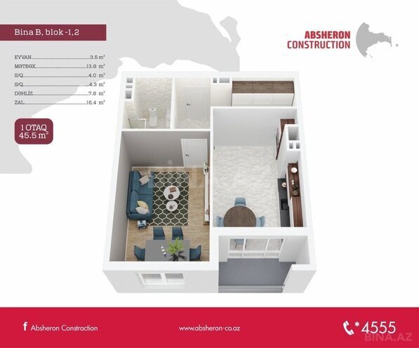 1 otaqlı yeni tikili - Azadlıq Prospekti m. - 45.5 m² (7)