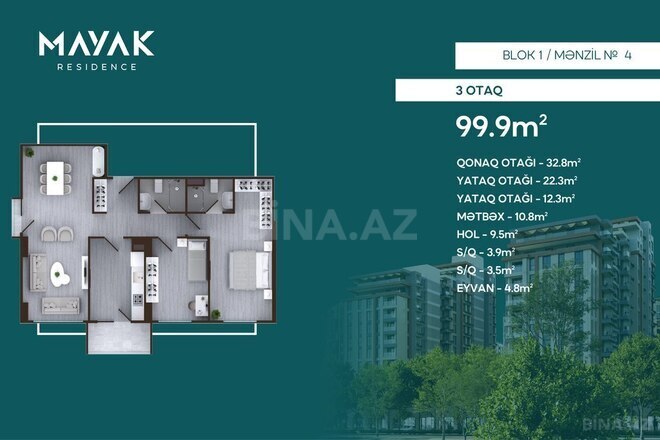 Mayak Residence yaşayış kompleksi, mənzilin planı - 3-otaqlı, 99.9 m²