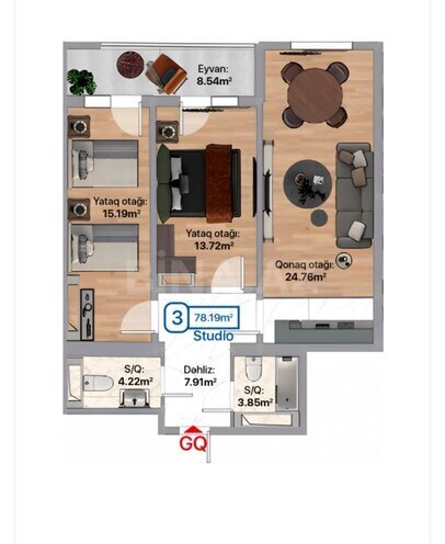 3 otaqlı yeni tikili - Xırdalan - 78.1 m² (5)