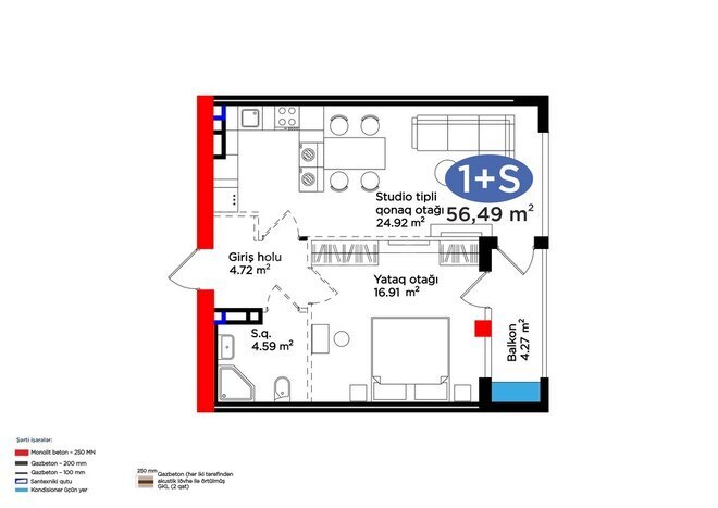 Жилой комплекс 4YOU Baku, планировка - 2-комн., 56.49 м²