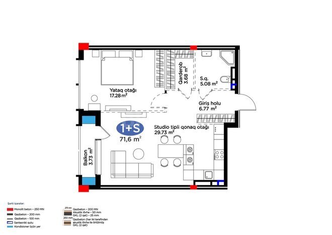 Жилой комплекс 4YOU Baku, планировка - 2-комн., 71.6 м²