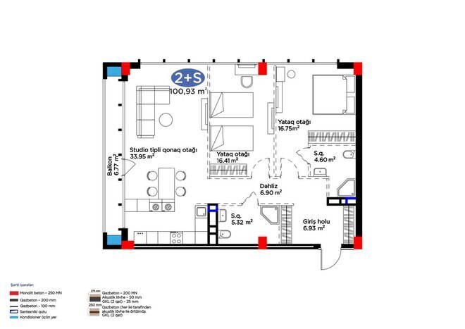 Жилой комплекс 4YOU Baku, планировка - 3-комн., 100.93 м²