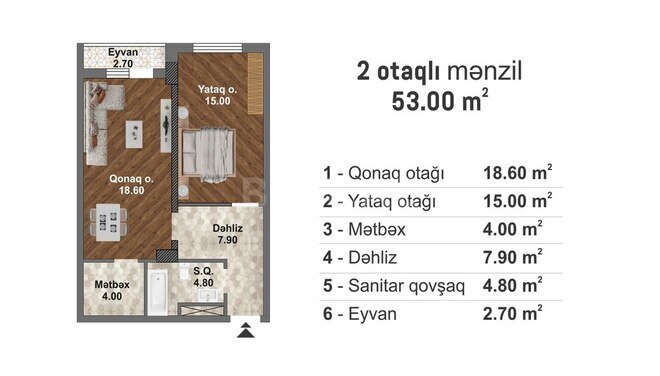 Bakı Müasir Yaşayış Kompleksi yaşayış kompleksi, mənzilin planı - 2-otaqlı, 53 m²
