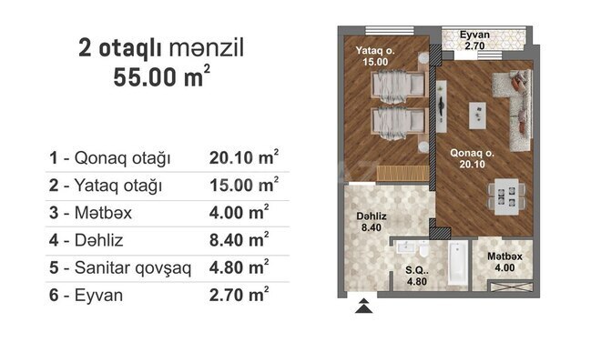 Bakı Müasir Yaşayış Kompleksi yaşayış kompleksi, mənzilin planı - 2-otaqlı, 55 m²