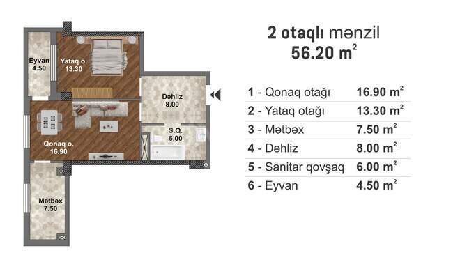 Bakı Müasir Yaşayış Kompleksi yaşayış kompleksi, mənzilin planı - 2-otaqlı, 56.2 m²