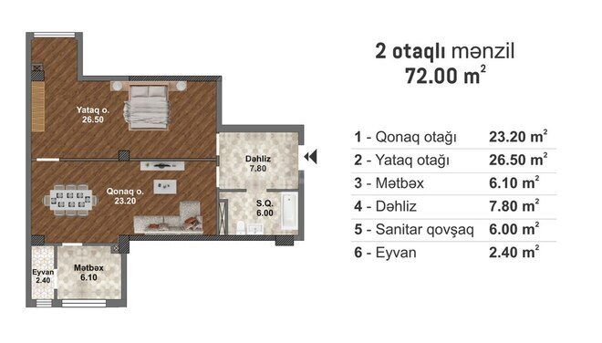 Bakı Müasir Yaşayış Kompleksi yaşayış kompleksi, mənzilin planı - 2-otaqlı, 72 m²