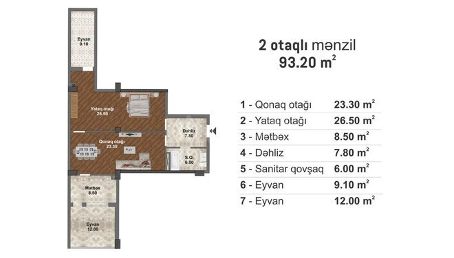 Bakı Müasir Yaşayış Kompleksi yaşayış kompleksi, mənzilin planı - 2-otaqlı, 93.2 m²