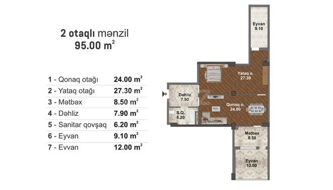 Bakı Müasir Yaşayış Kompleksi yaşayış kompleksi, mənzilin planı - 2-otaqlı, 95 m²