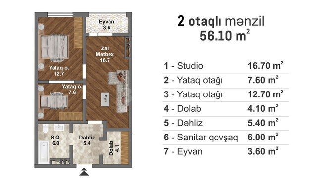 Bakı Müasir Yaşayış Kompleksi yaşayış kompleksi, mənzilin planı - 3-otaqlı, 56.1 m²