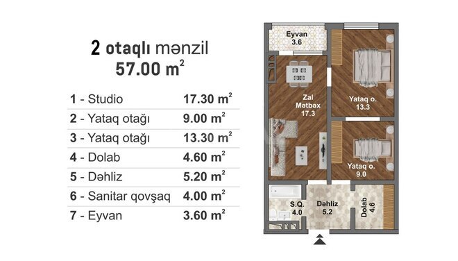 Bakı Müasir Yaşayış Kompleksi yaşayış kompleksi, mənzilin planı - 3-otaqlı, 57 m²
