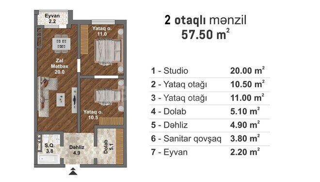 Bakı Müasir Yaşayış Kompleksi yaşayış kompleksi, mənzilin planı - 3-otaqlı, 57.5 m²