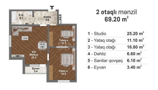 Bakı Müasir Yaşayış Kompleksi yaşayış kompleksi, mənzilin planı - 3-otaqlı, 69.2 m²