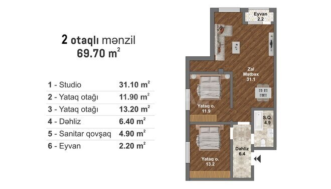 Bakı Müasir Yaşayış Kompleksi yaşayış kompleksi, mənzilin planı - 3-otaqlı, 69.7 m²