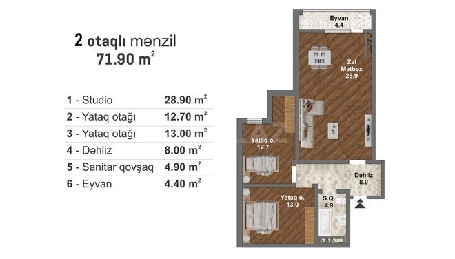 Bakı Müasir Yaşayış Kompleksi yaşayış kompleksi, mənzilin planı - 3-otaqlı, 71.9 m²