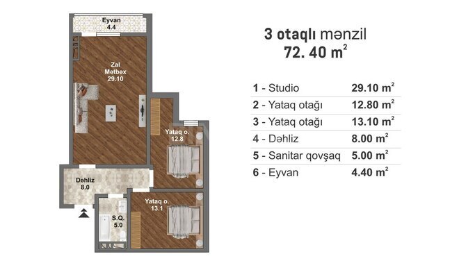 Bakı Müasir Yaşayış Kompleksi yaşayış kompleksi, mənzilin planı - 3-otaqlı, 72.4 m²