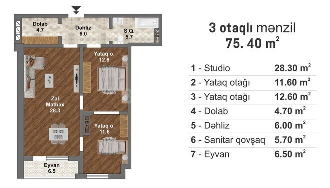 Bakı Müasir Yaşayış Kompleksi yaşayış kompleksi, mənzilin planı - 3-otaqlı, 75.4 m²
