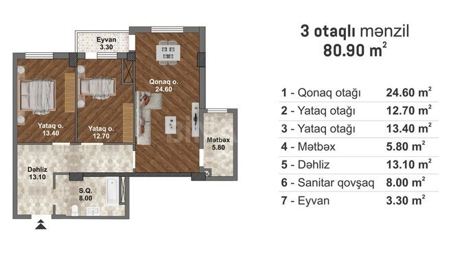 Bakı Müasir Yaşayış Kompleksi yaşayış kompleksi, mənzilin planı - 3-otaqlı, 80.9 m²