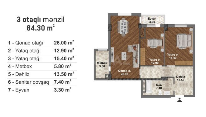 Bakı Müasir Yaşayış Kompleksi yaşayış kompleksi, mənzilin planı - 3-otaqlı, 84.3 m²