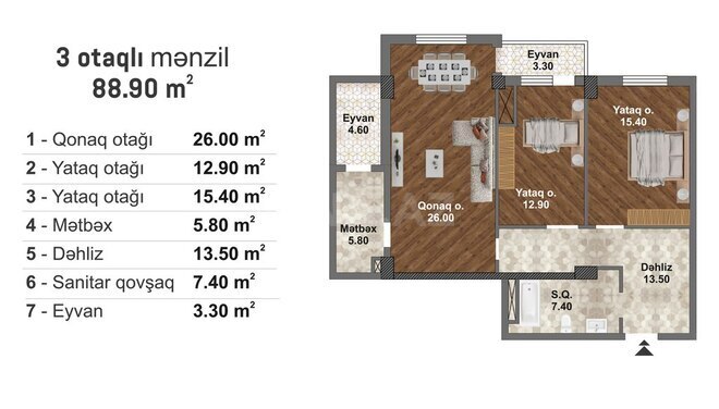 Bakı Müasir Yaşayış Kompleksi yaşayış kompleksi, mənzilin planı - 3-otaqlı, 88.9 m²