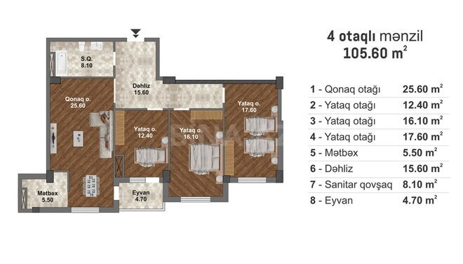 Bakı Müasir Yaşayış Kompleksi yaşayış kompleksi, mənzilin planı - 4-otaqlı, 105.6 m²