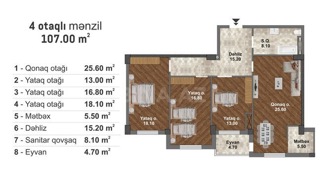 Bakı Müasir Yaşayış Kompleksi yaşayış kompleksi, mənzilin planı - 4-otaqlı, 107 m²