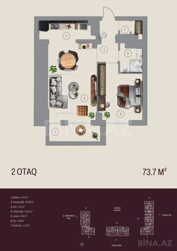 Bahar Residence  yaşayış kompleksi, mənzilin planı - 2-otaqlı, 73.7 m²