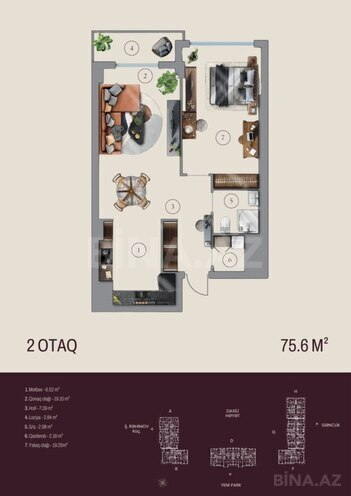 Bahar Residence  yaşayış kompleksi, mənzilin planı - 2-otaqlı, 75.6 m²