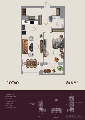 Bahar Residence  yaşayış kompleksi, mənzilin planı - 2-otaqlı, 84.4 m²
