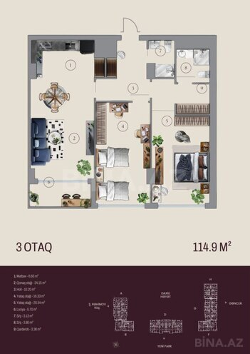 Bahar Residence  yaşayış kompleksi, mənzilin planı - 3-otaqlı, 114.9 m²