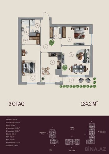 Bahar Residence  yaşayış kompleksi, mənzilin planı - 3-otaqlı, 124.2 m²