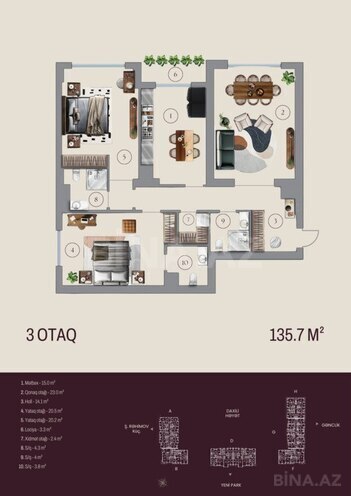 Bahar Residence  yaşayış kompleksi, mənzilin planı - 3-otaqlı, 135.7 m²