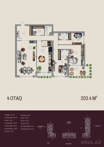 Bahar Residence  yaşayış kompleksi, mənzilin planı - 4-otaqlı, 203.4 m²