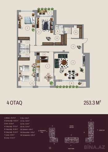Bahar Residence  yaşayış kompleksi, mənzilin planı - 4-otaqlı, 253.3 m²