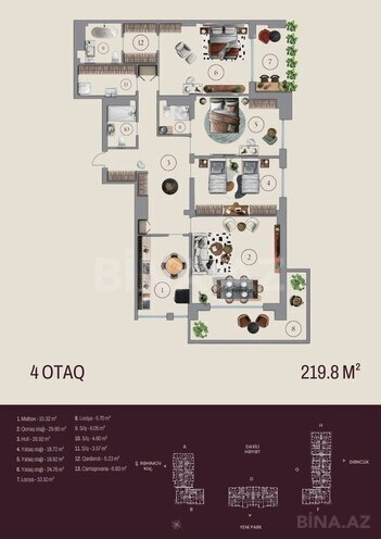 Bahar Residence  yaşayış kompleksi, mənzilin planı - 4-otaqlı, 219.8 m²