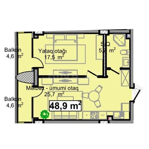 Sea Breeze Blue Waters yaşayış kompleksi, mənzilin planı - 2-otaqlı, 58.1 m²